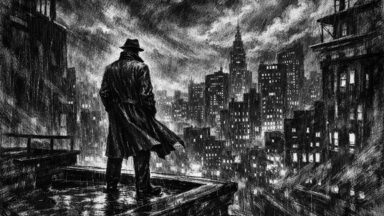 Filmski poster u charcoal film noir stilu, usamljena figura na krovu grada noću, snažni kontrasti, duboke sjene i melankolična atmosfera.