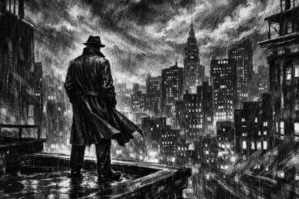 Filmski poster u charcoal film noir stilu, usamljena figura na krovu grada noću, snažni kontrasti, duboke sjene i melankolična atmosfera.