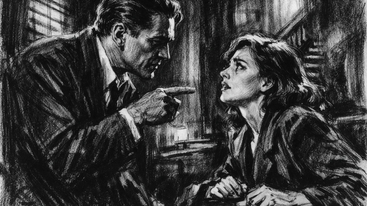 Dramska scena u charcoal film noir stilu