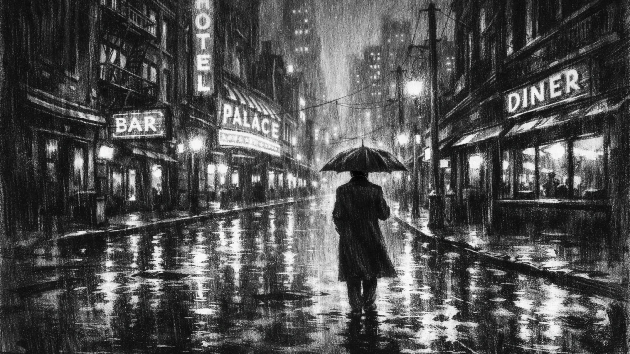 Atmosferska urbana ilustracija u charcoal film noir stilu