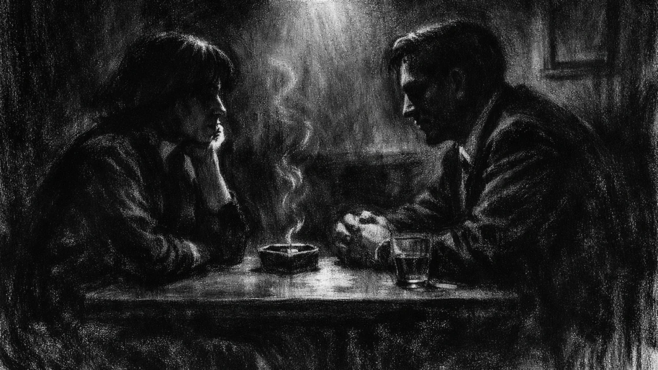 Intimna scena razgovora u charcoal film noir stilu: dvije osobe u polusjeni, crno-bijeli kontrast, snažne sjene i prigušeno svjetlo koje naglašava emocije i tajnovitost.