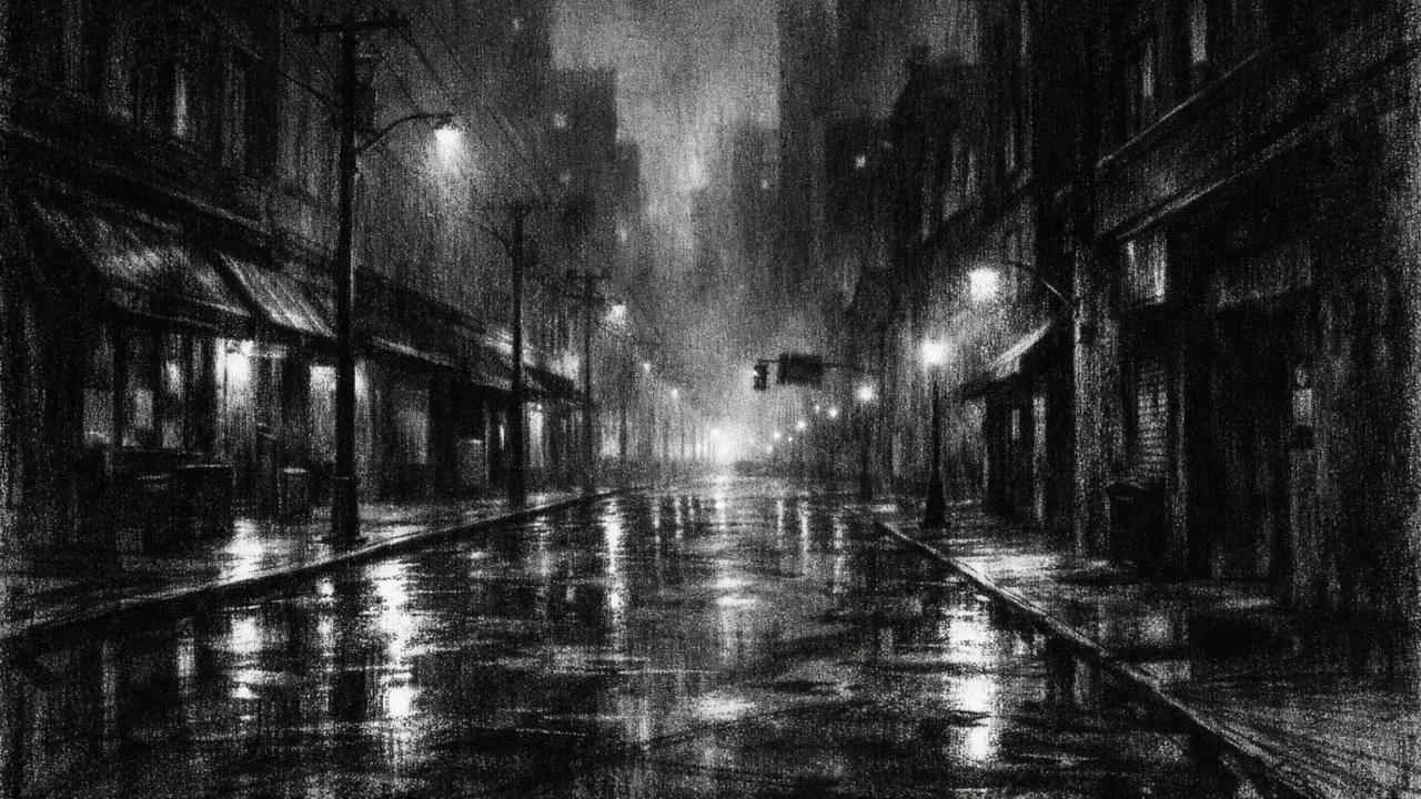 Atmosferski gradski prizor u charcoal film noir stilu: prazna ulica u zoru, crno-bijelo, magla, visoki kontrast i duboke sjene koje stvaraju osjećaj tajanstva i introspekcije.