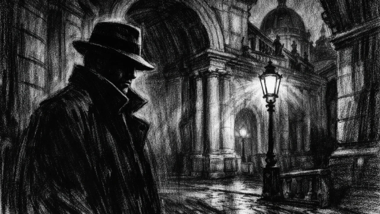 Hero scena u charcoal film noir stilu: usamljena silueta osobe ispod monumentalne arhitekture, crno-bijelo, duboke sjene i snažno filmsko osvjetljenje, melankolična i elegantna atmosfera.