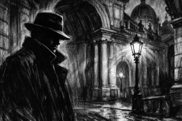Hero scena u charcoal film noir stilu: usamljena silueta osobe ispod monumentalne arhitekture, crno-bijelo, duboke sjene i snažno filmsko osvjetljenje, melankolična i elegantna atmosfera.