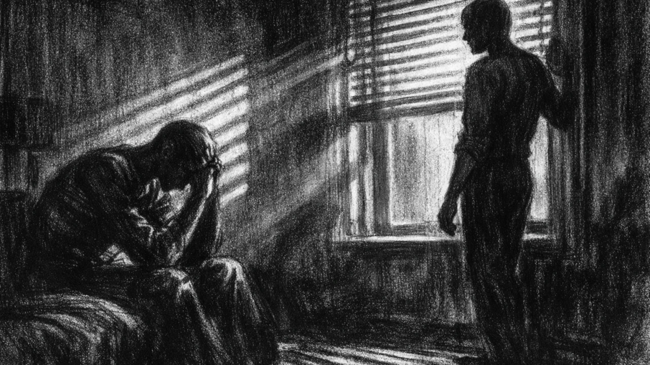 Dvoje ljudi u tihoj prostoriji, izražena emocionalna napetost kroz sjene i svjetlo, prikazano u charcoal film noir stilu s visokim kontrastom.