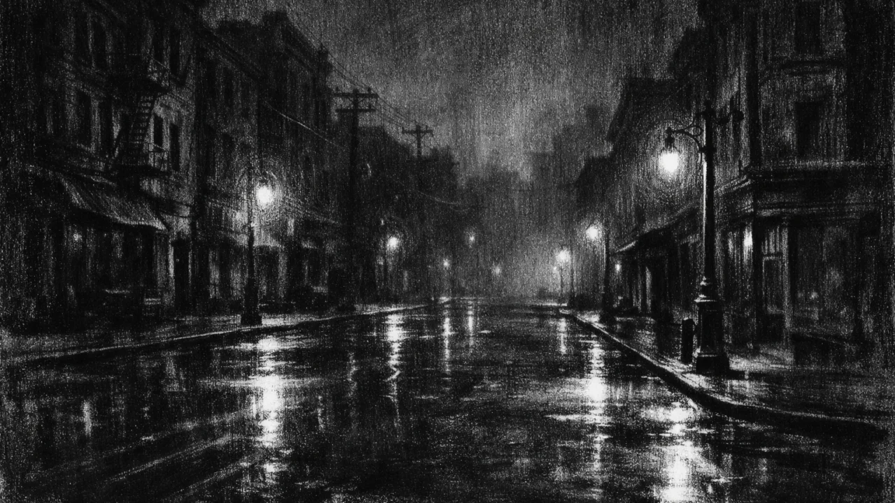 Pusta noćna gradska scenografija s mokrim ulicama i svjetlima, melankoličan ugođaj prikazan u charcoal film noir stilu, crno-bijelo i sjenovito.