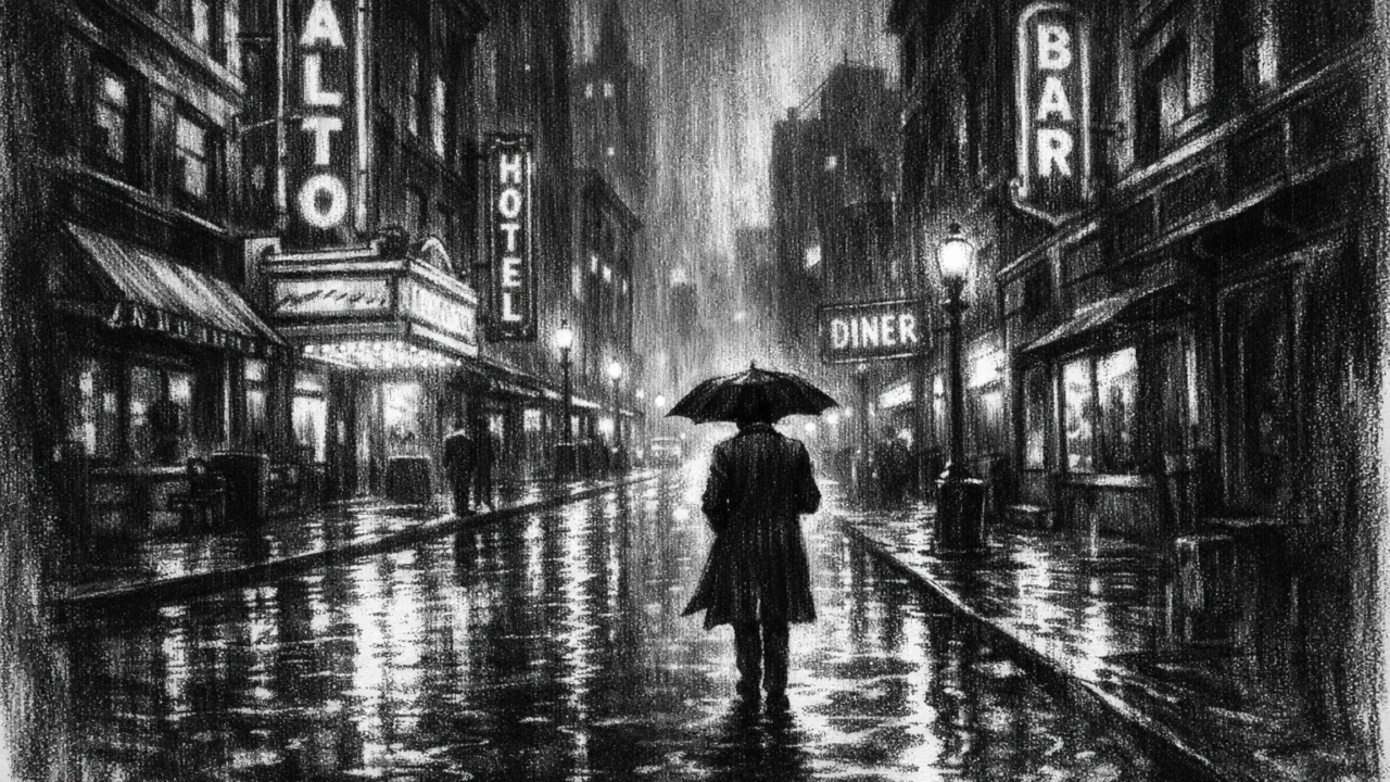 Atmosferska urbana ilustracija u charcoal film noir stilu