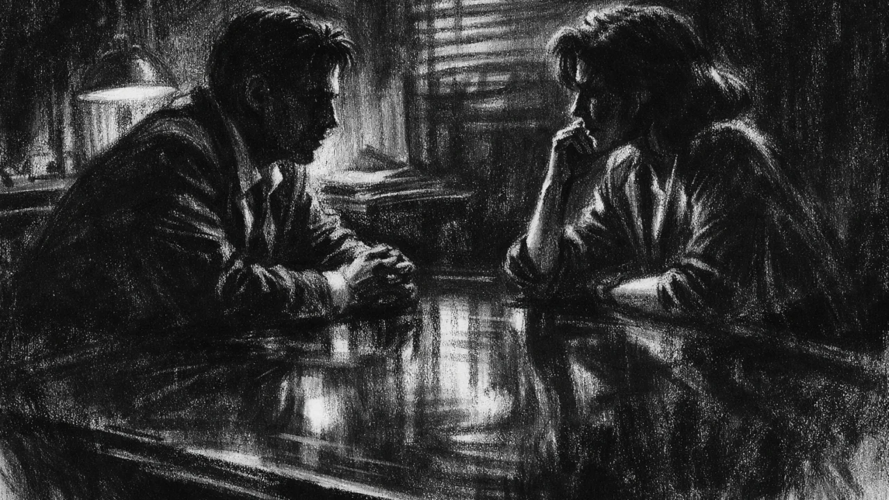 Inline scena u charcoal film noir stilu, crno-bijeli kontrast, dvoje ljudi u tihoj napetoj konverzaciji, naglašene sjene i emocionalna suzdržanost.