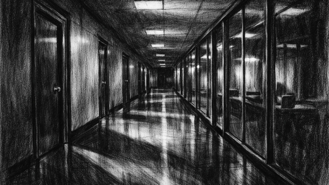 Atmosferski prikaz u charcoal film noir stilu, prazan uredski hodnik, crno-bijela paleta s dubokim sjenama, osjećaj samoće i epohe u promjeni.