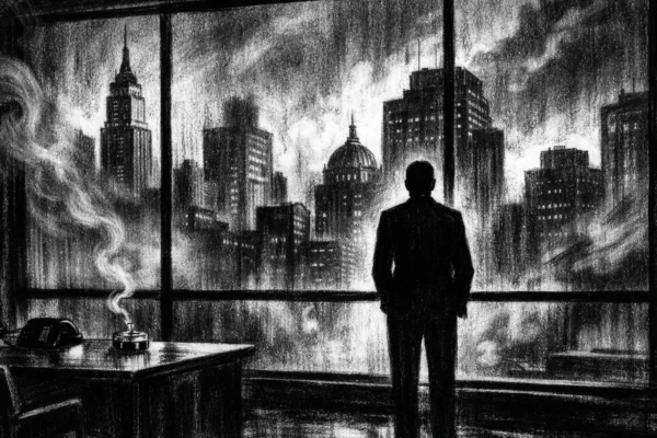 Hero slika u charcoal film noir stilu, crno-bijela scena s dubokim sjenama i dramatičnim svjetlom, usamljena figura uz prozor, melankolična atmosfera ambicije i tišine.