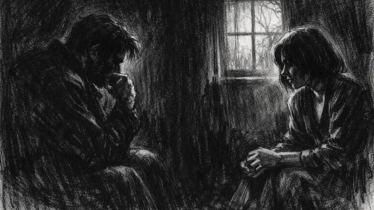 Intimna scena razgovora u charcoal film noir stilu, snažan kontrast svjetla i sjene, crno-bijela melankolična atmosfera.