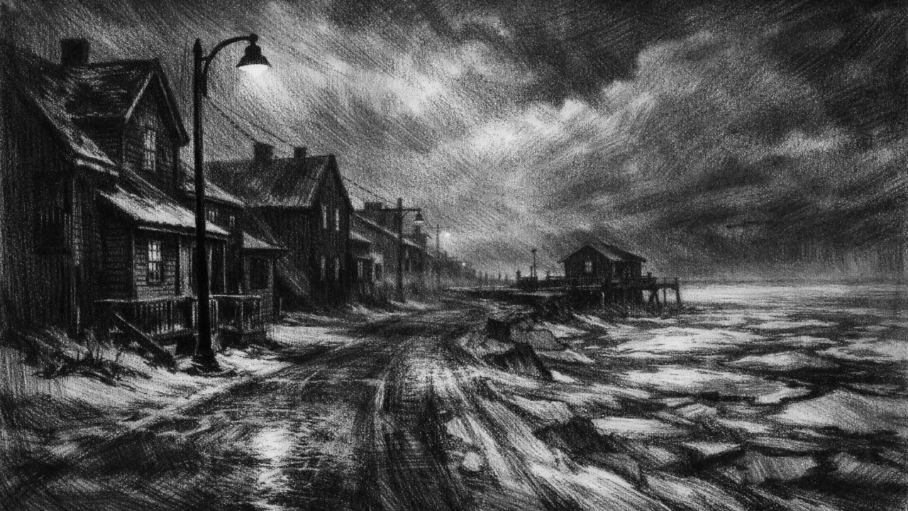 Zimski obalni krajolik u charcoal film noir stilu, prazne ulice i duboke sjene stvaraju osjećaj tišine i tuge.