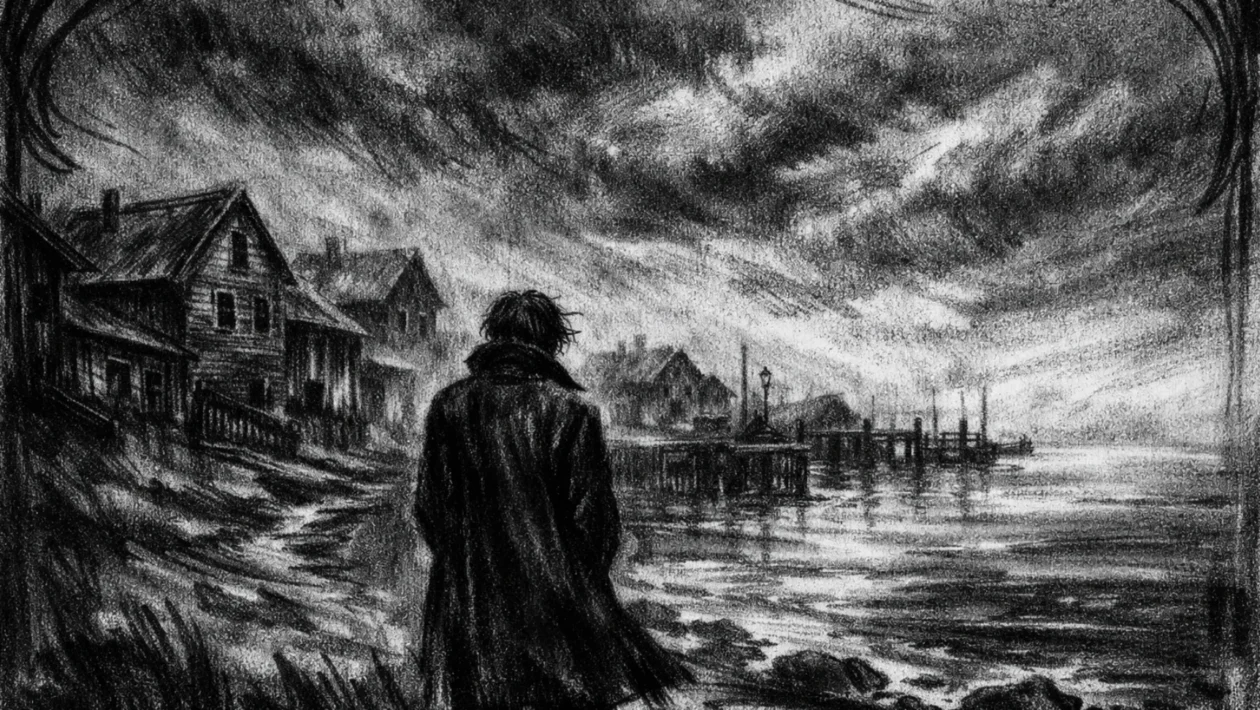 Filmski poster u charcoal film noir stilu: usamljena figura uz obalu, crno-bijela atmosfera, duboke sjene i tihi osjećaj tuge.