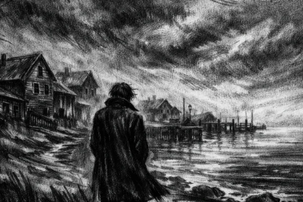 Filmski poster u charcoal film noir stilu: usamljena figura uz obalu, crno-bijela atmosfera, duboke sjene i tihi osjećaj tuge.