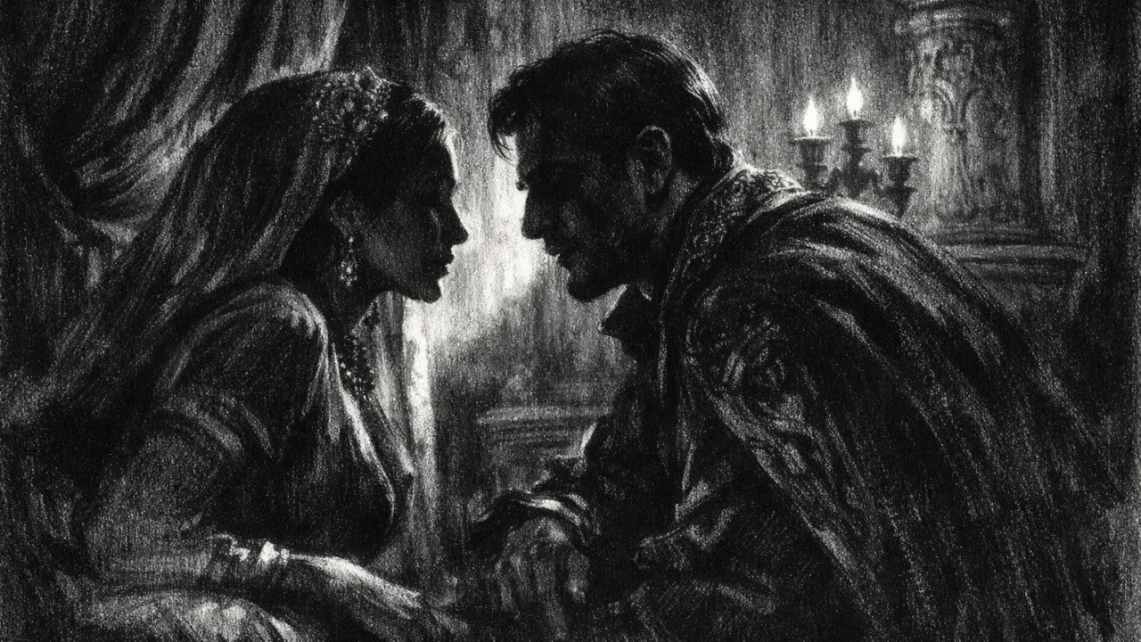 Dvoje ljudi u tihom razgovoru unutar mračnog interijera palače, izražene sjene i napet ugođaj, charcoal film noir stil u crno-bijeloj izvedbi.