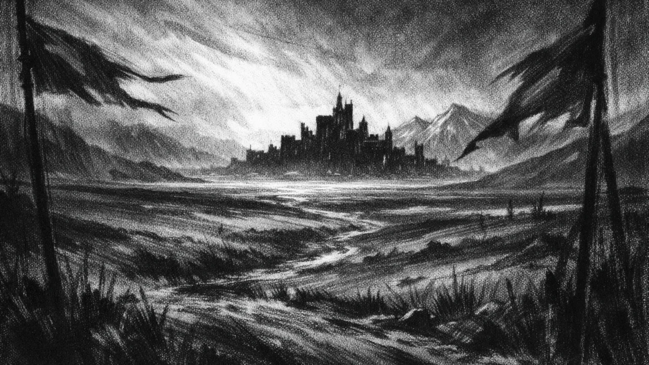Atmosferski krajolik s ravnicama i udaljenim planinama, simboličan osjećaj putovanja i carstva, charcoal film noir stil s dubokim sjenama.
