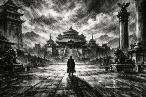 Cinematic poster s monumentalnim dvorištem i usamljenom figurom, snažne sjene i visoki kontrast, charcoal film noir stil u crno-bijeloj atmosferi.