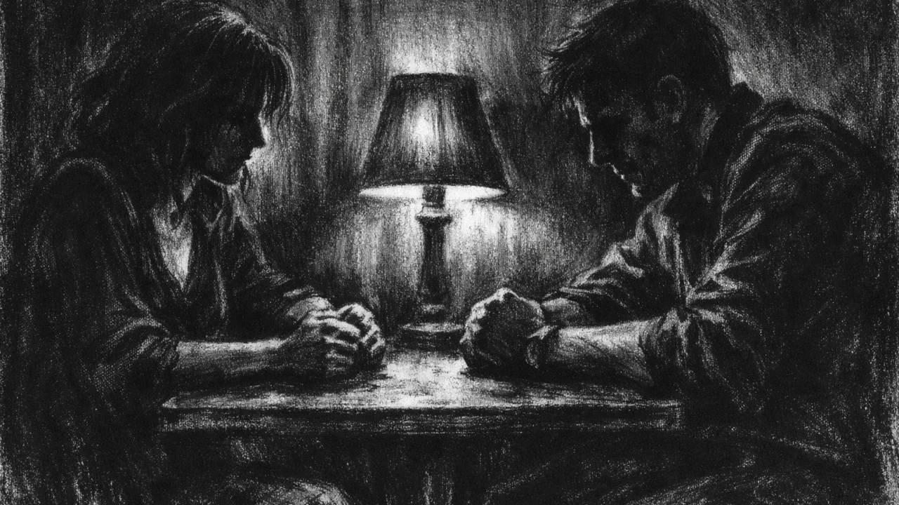 Intimna scena razgovora punog napetosti i šutnje, naglašene sjene i kontrasti, charcoal film noir stil