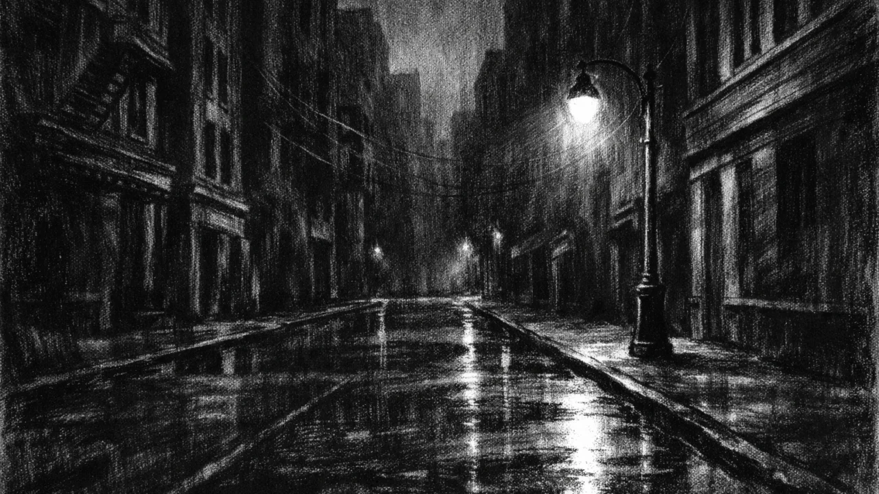 Melankolična noćna urbana scena bez ljudi, osjećaj samoće i prijelaza, charcoal film noir stil