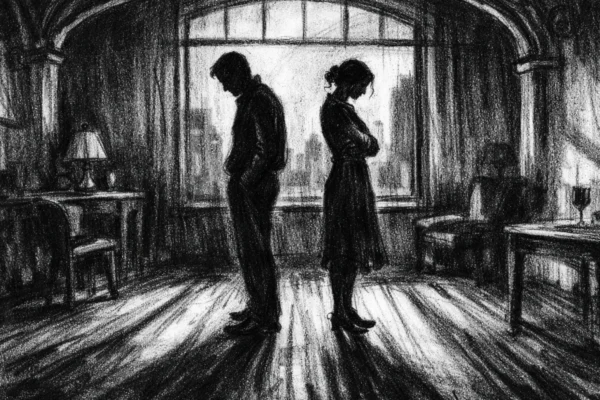 Dvoje udaljenih likova u tihom interijeru, snažan osjećaj emocionalne distance, charcoal film noir stil, crno-bijelo s dubokim sjenama