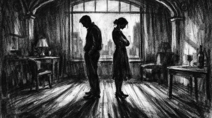 Dvoje udaljenih likova u tihom interijeru, snažan osjećaj emocionalne distance, charcoal film noir stil, crno-bijelo s dubokim sjenama