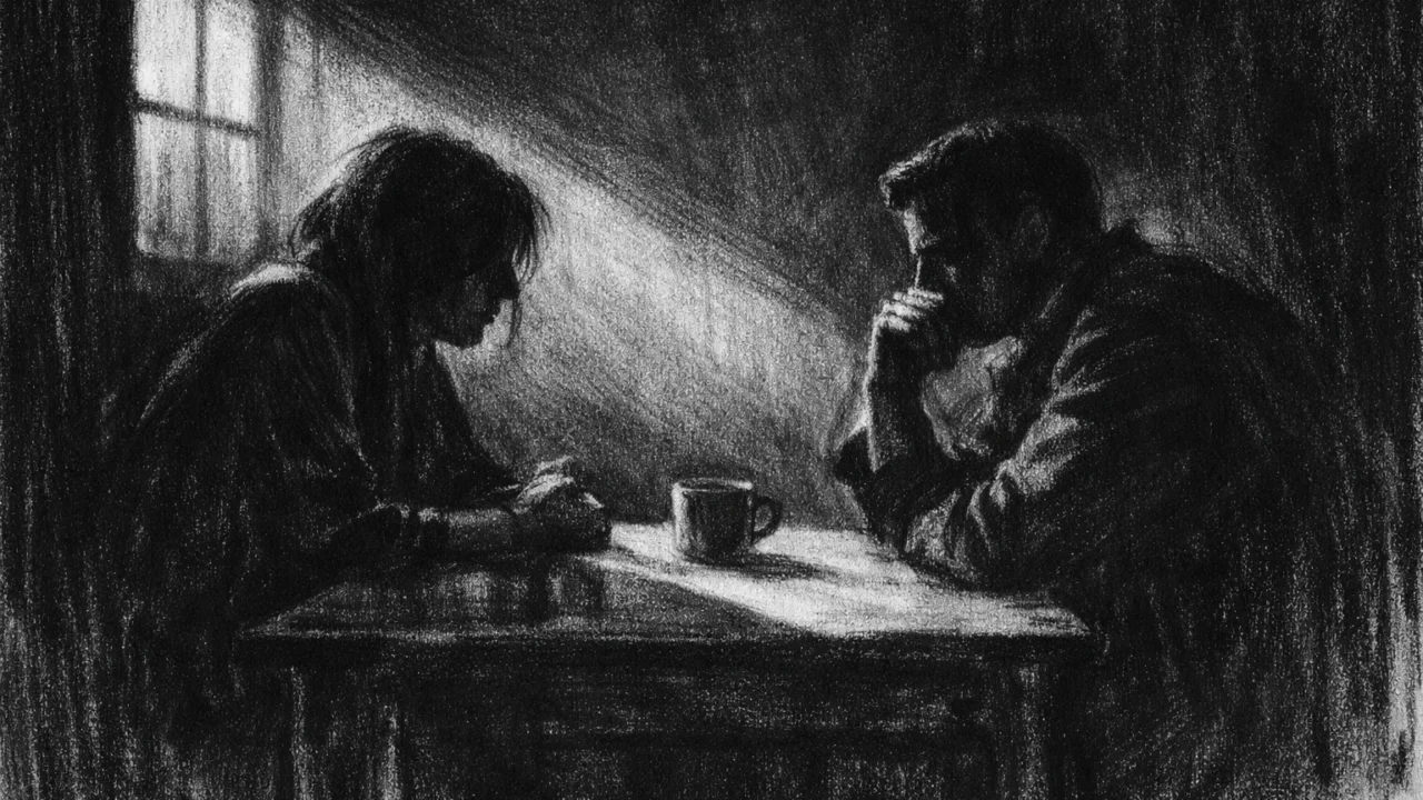 Intimna scena razgovora u charcoal film noir stilu, s jakim kontrastom svjetla i sjene koja naglašava emocionalnu nesigurnost i napetost.