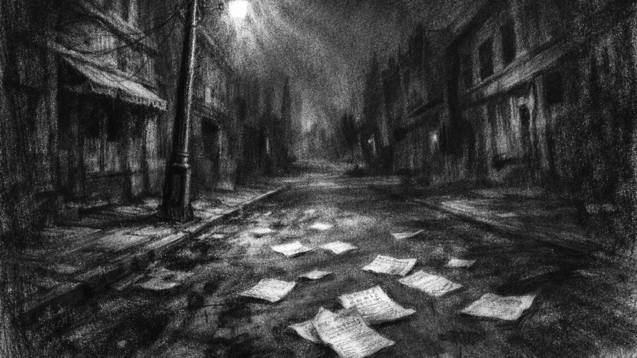 Atmosferski ambijent prazne ulice u charcoal film noir stilu, s dubokim sjenama i simbolikom izgubljenih misli u mračnoj, melankoličnoj noći.