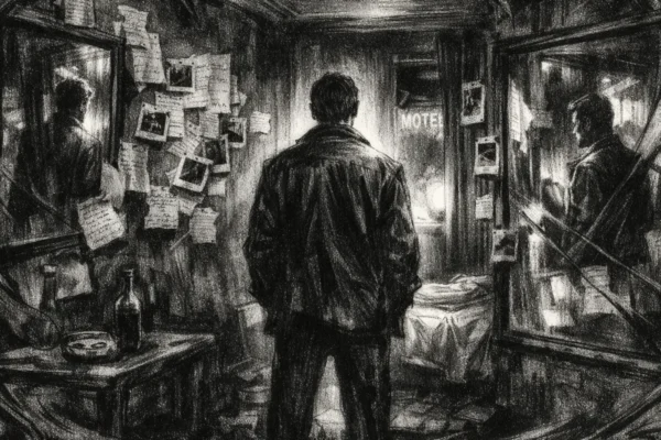 Kinematografski poster u charcoal film noir stilu, crno-bijela scena s dubokim sjenama i fragmentiranim odrazima koji stvaraju osjećaj izgubljenog sjećanja i tjeskobne atmosfere.