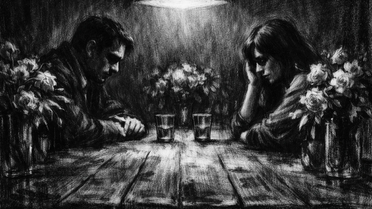 Dvije osobe u tihoj napetoj interakciji za dugim stolom, osjećaj emocionalne izolacije, charcoal film noir stil, crno-bijelo, kontrastno svjetlo.