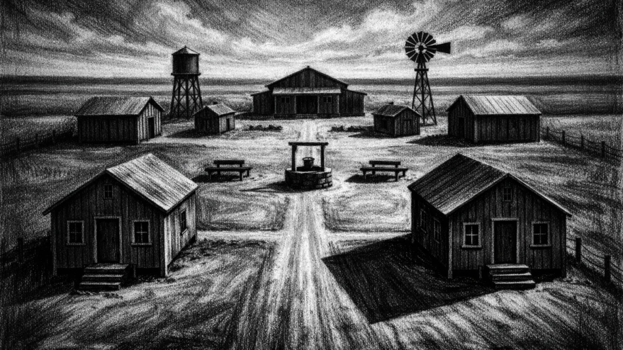 Izolirano ruralno okruženje s geometrijskom arhitekturom i sablasnim mirom, charcoal film noir stil, crno-bijelo, dramatične sjene.