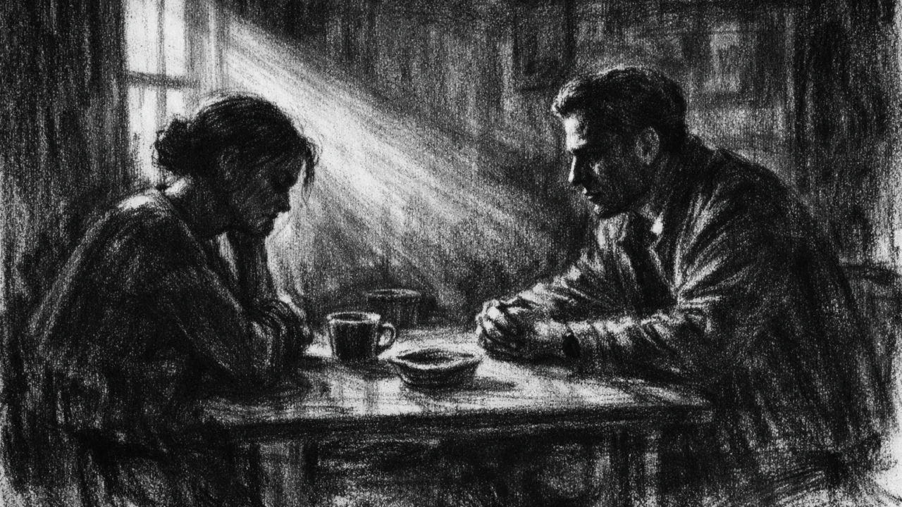 Intimna scena razgovora u charcoal film noir stilu, crno-bijela slika s jakim sjenama, naglašena emocionalna napetost i obiteljska krhkost.