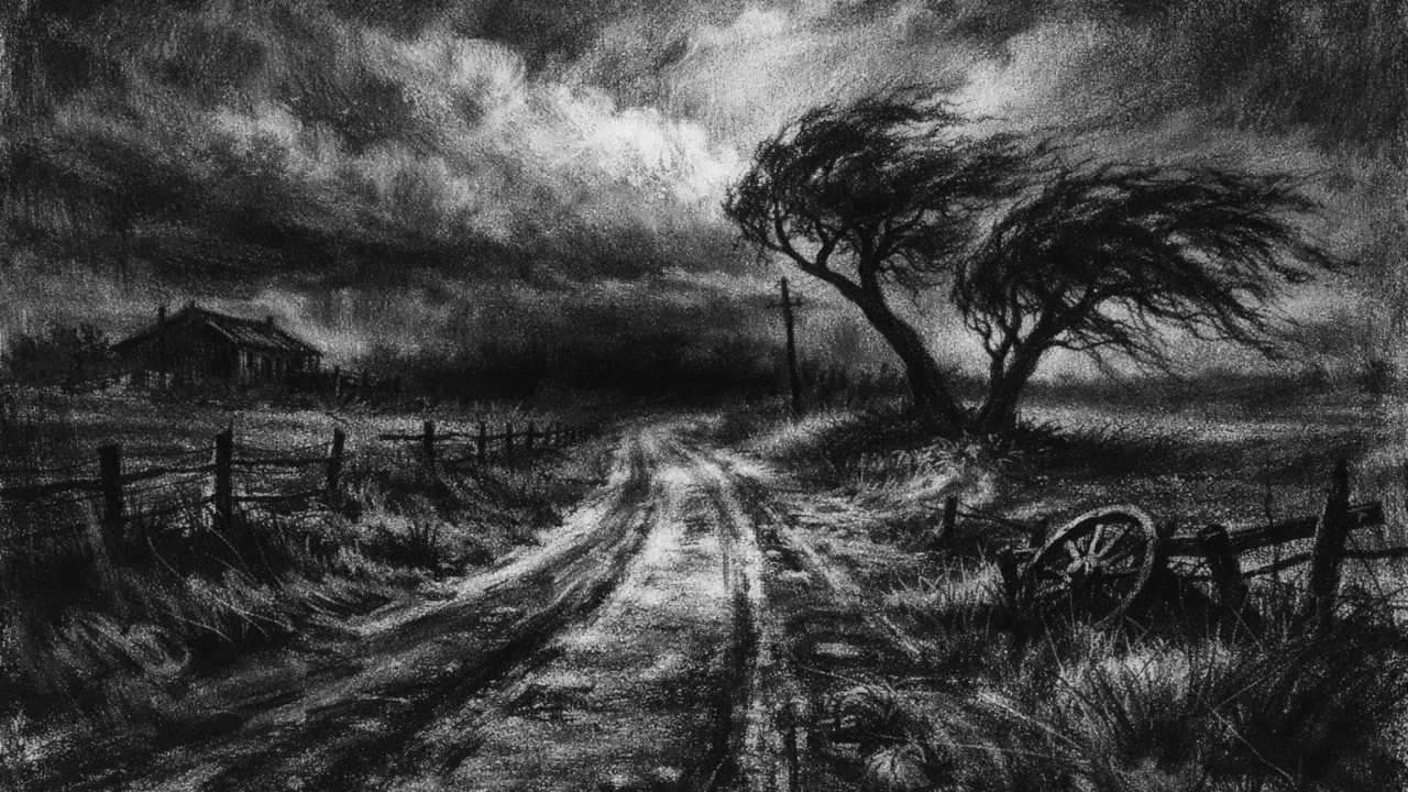 Simboličan pejzaž u charcoal film noir stilu, crno-bijeli ruralni krajolik s dubokim sjenama i melankoličnom atmosferom.