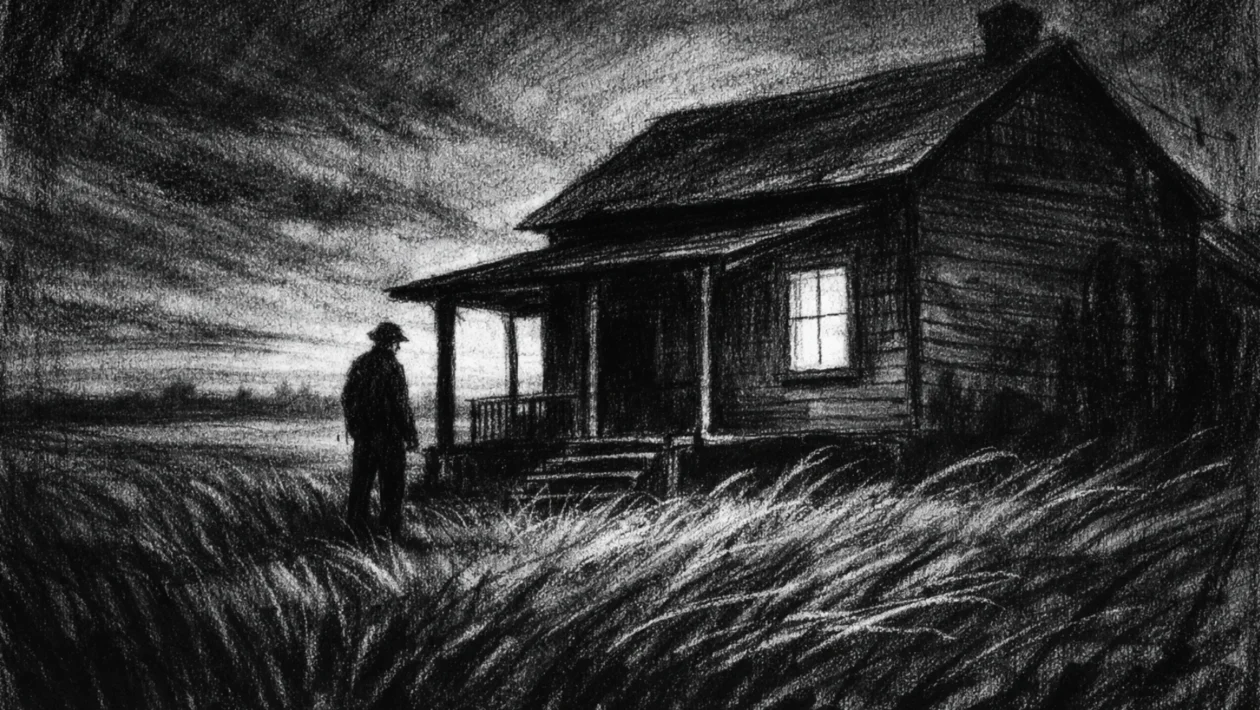 Kinematografski prizor u charcoal film noir stilu, crno-bijeli kontrast, usamljena kuća na selu, duboke sjene i tiha atmosfera nade i neizvjesnosti.