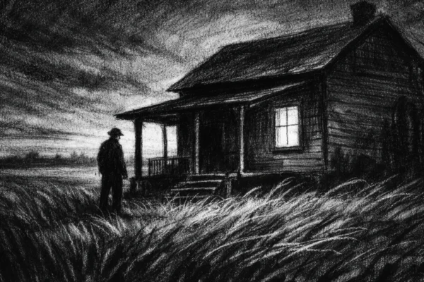 Kinematografski prizor u charcoal film noir stilu, crno-bijeli kontrast, usamljena kuća na selu, duboke sjene i tiha atmosfera nade i neizvjesnosti.