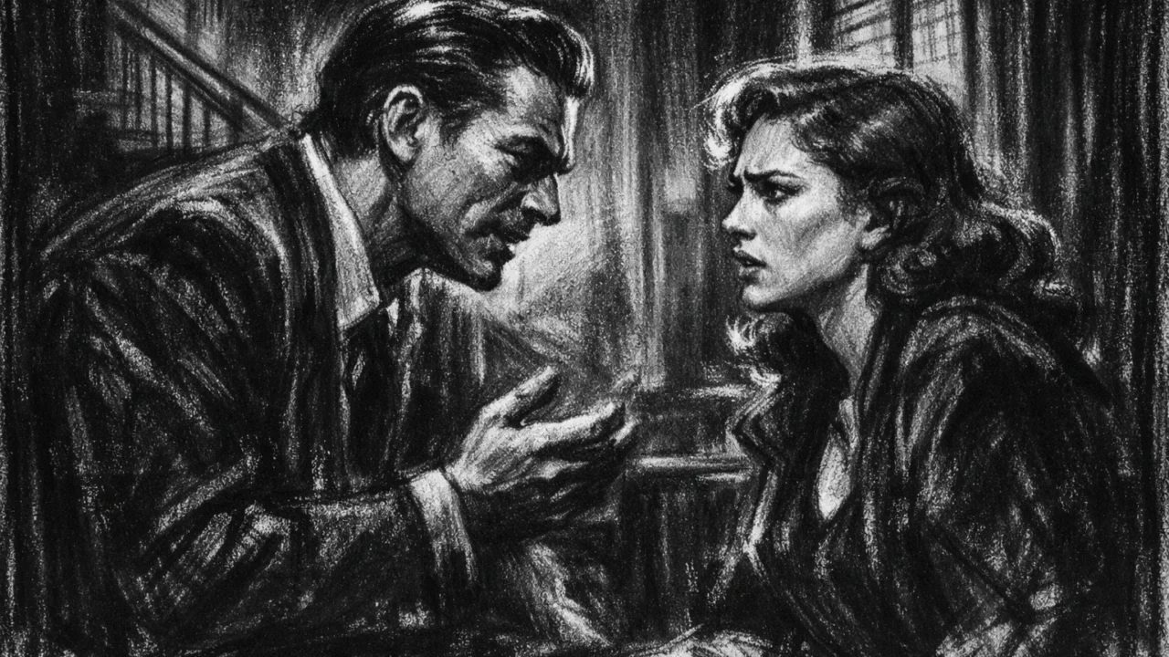 Dramska scena u charcoal film noir stilu