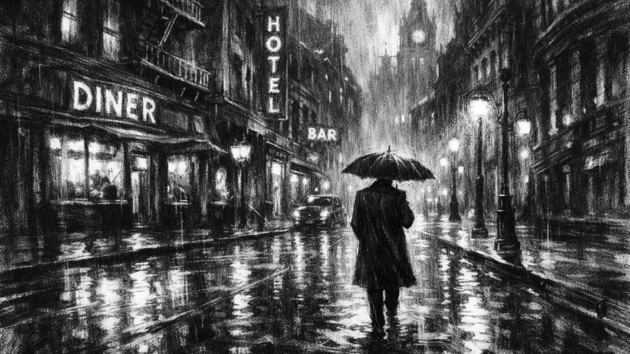 Atmosferska urbana ilustracija u charcoal film noir stilu