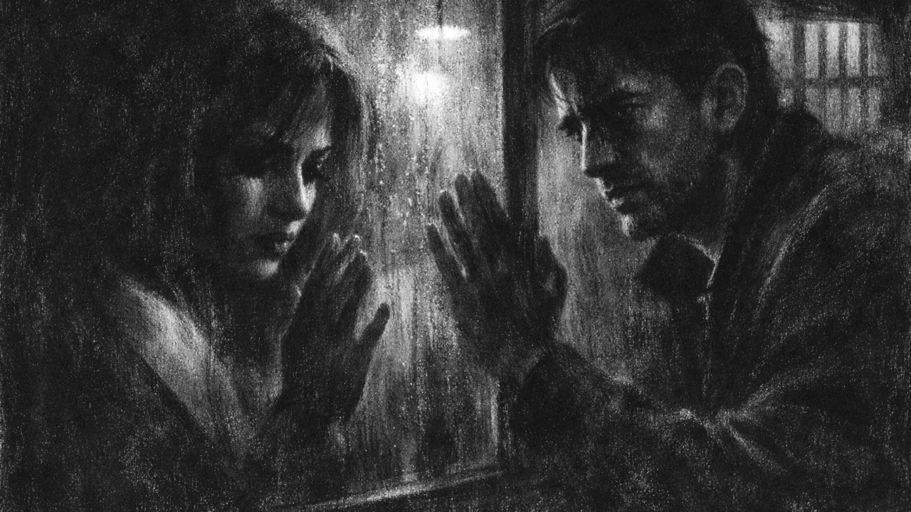 Emotivna scena dviju osoba u charcoal film noir stilu, naglašene sjene, crno-bijela atmosfera i osjećaj tjeskobe