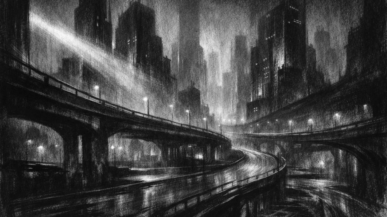Futuristički grad noću u charcoal film noir stilu, crno-bijela scena s maglom, dubokim sjenama i melankoličnom atmosferom