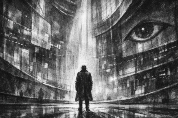 Filmski poster u charcoal film noir stilu, usamljena figura u futurističkom prostoru, crno-bijelo s dubokim sjenama i snažnim kontrastom