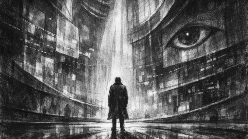 Filmski poster u charcoal film noir stilu, usamljena figura u futurističkom prostoru, crno-bijelo s dubokim sjenama i snažnim kontrastom