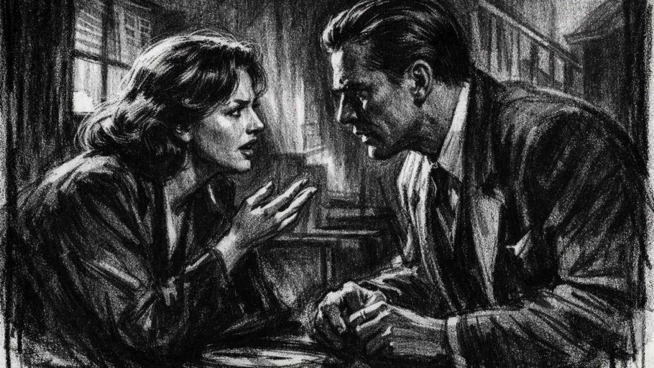 Dramska scena u charcoal film noir stilu