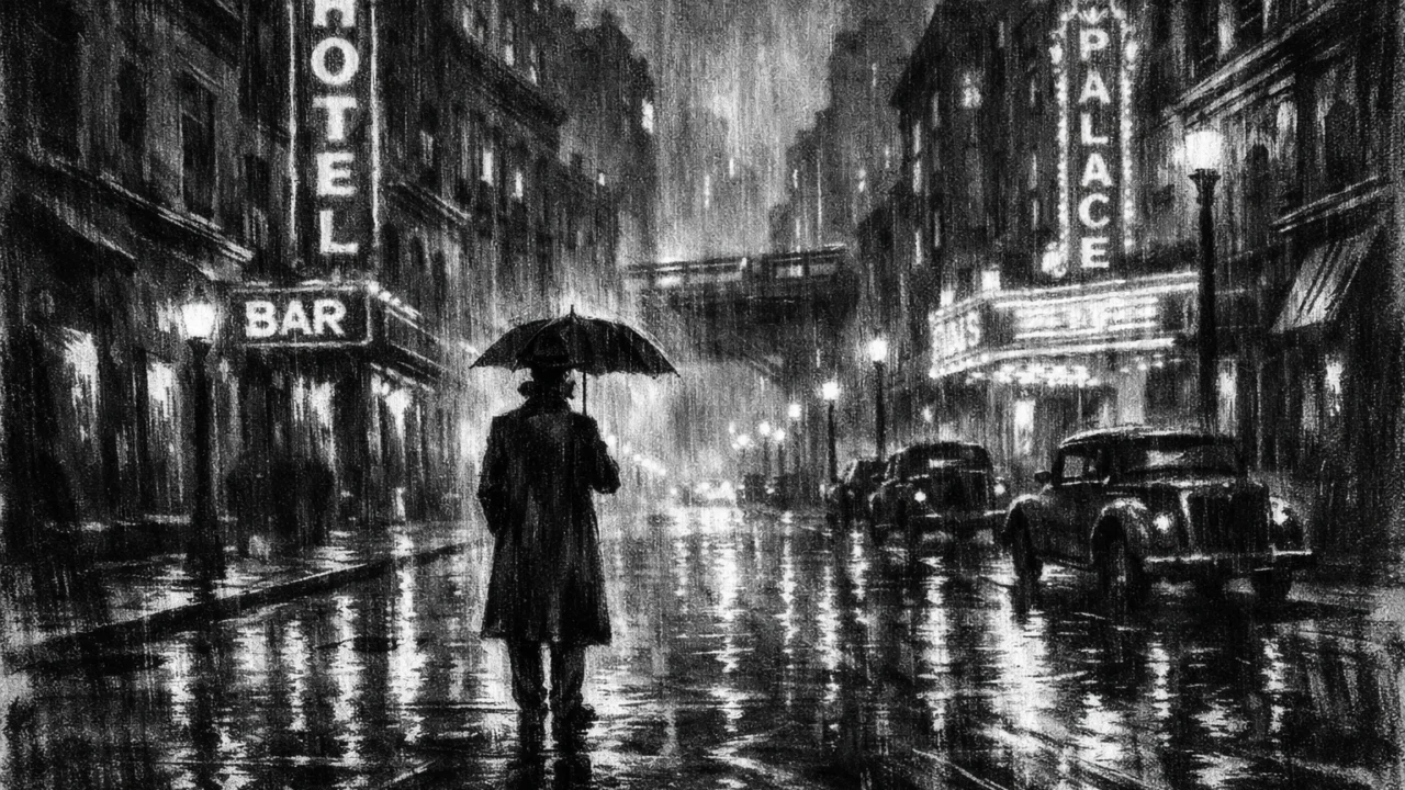 Atmosferska urbana ilustracija u charcoal film noir stilu