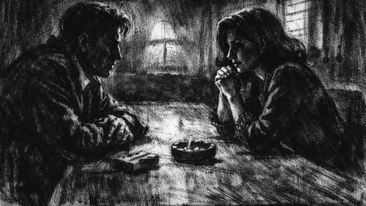 Dvoje ljudi u tihom razgovoru za stolom, u charcoal film noir stilu, crno-bijeli prizor s jakim sjenama i izraženom emocionalnom napetošću.