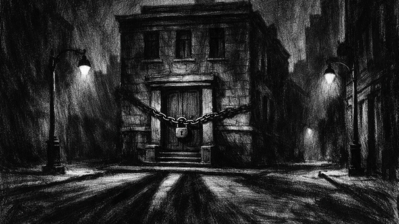 Noćna urbana zgrada okružena praznim ulicama, prikazana u charcoal film noir stilu, crno-bijela atmosfera s dubokim sjenama i osjećajem izolacije.