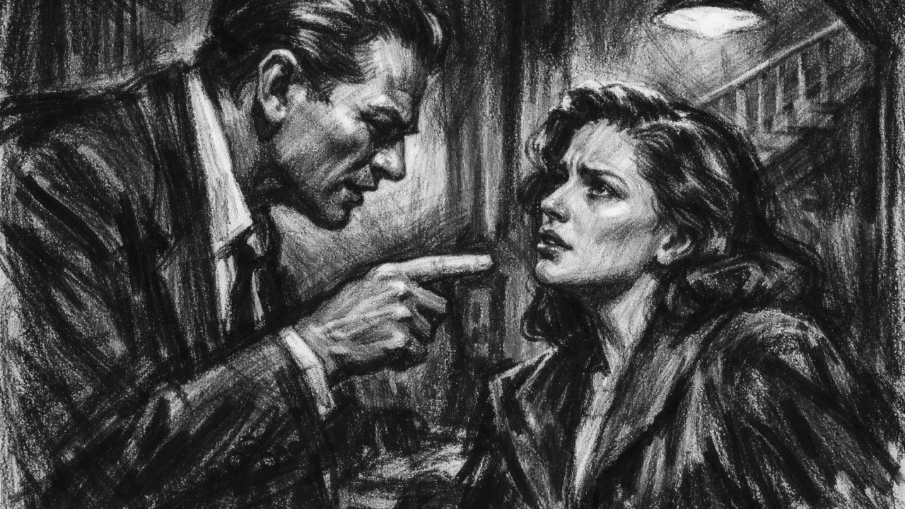 Dramska scena u charcoal film noir stilu