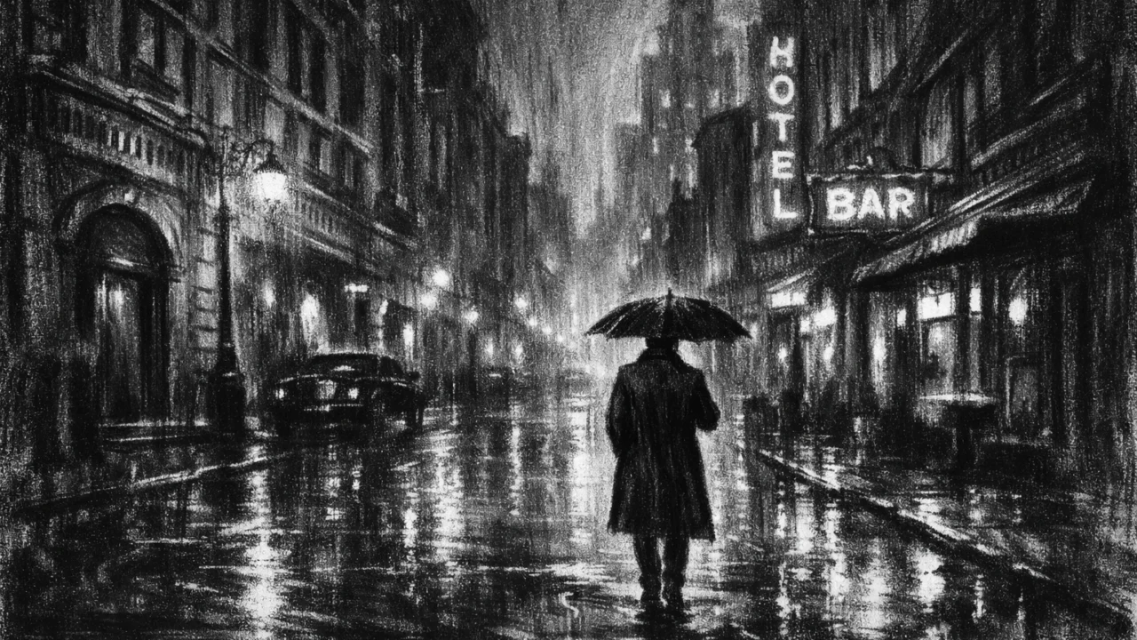 Atmosferska urbana ilustracija u charcoal film noir stilu