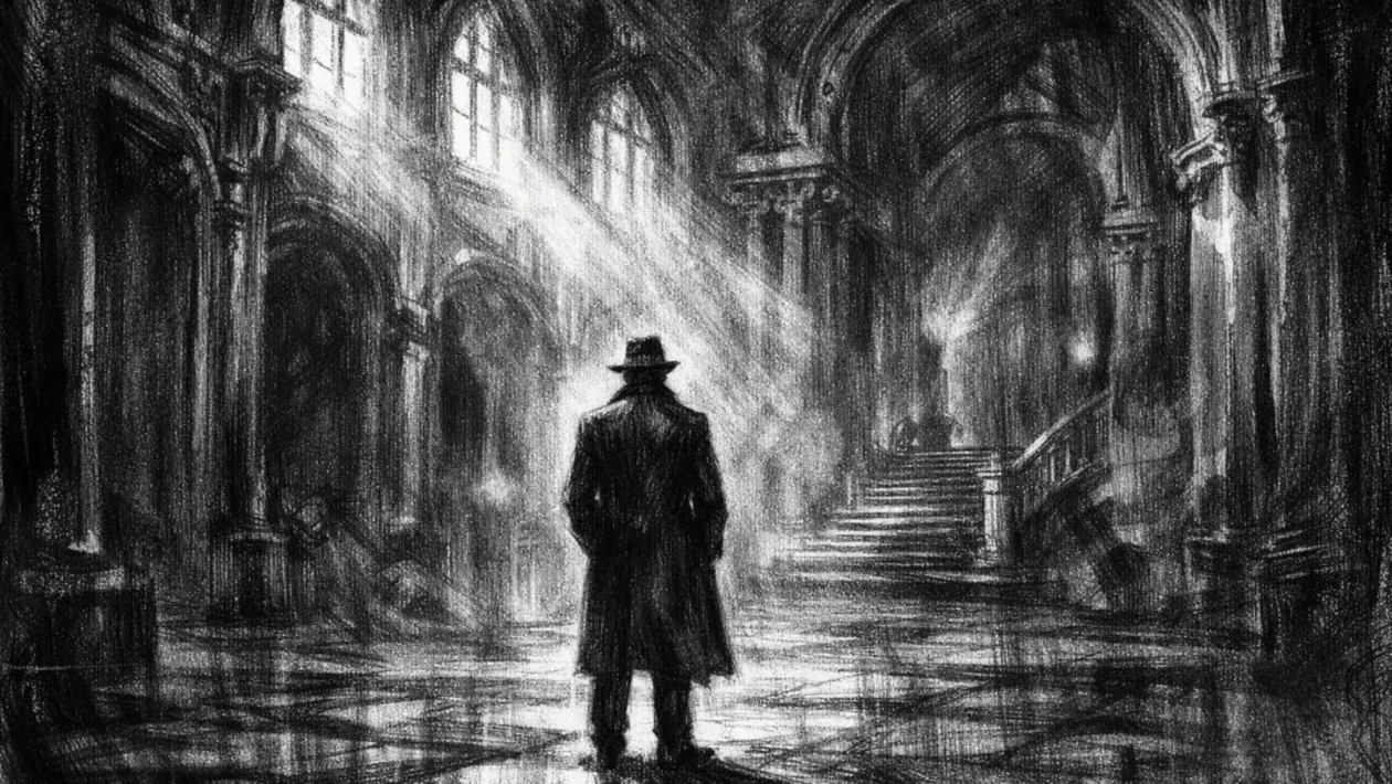 Usamljena figura u monumentalnom interijeru, prikazana u charcoal film noir stilu, crno-bijela scena s dubokim sjenama i snažnim kontrastom, mračna i napeta atmosfera.