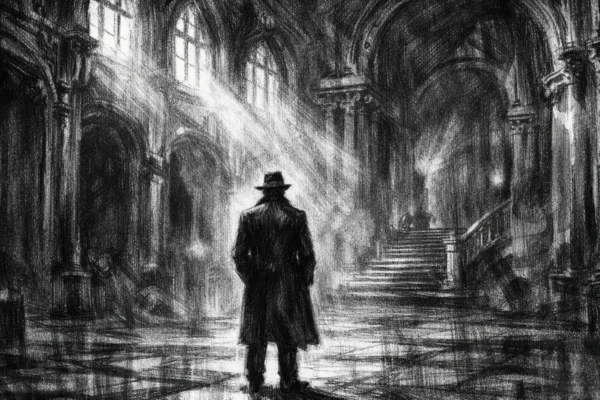 Usamljena figura u monumentalnom interijeru, prikazana u charcoal film noir stilu, crno-bijela scena s dubokim sjenama i snažnim kontrastom, mračna i napeta atmosfera.