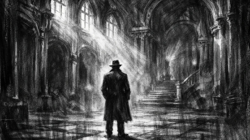 Usamljena figura u monumentalnom interijeru, prikazana u charcoal film noir stilu, crno-bijela scena s dubokim sjenama i snažnim kontrastom, mračna i napeta atmosfera.