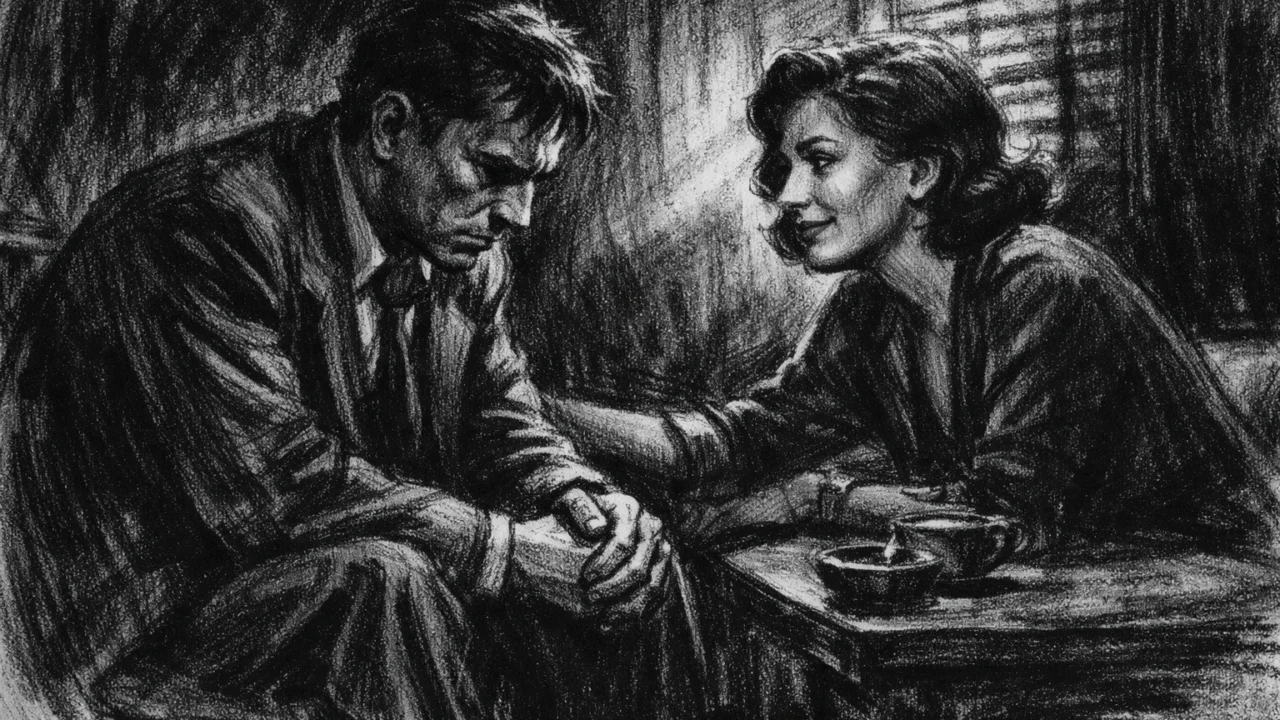 Dvoje ljudi u tihom razgovoru prikazani u charcoal film noir stilu, crno-bijeli kontrast, emotivna napetost i suptilna toplina u mračnoj atmosferi.